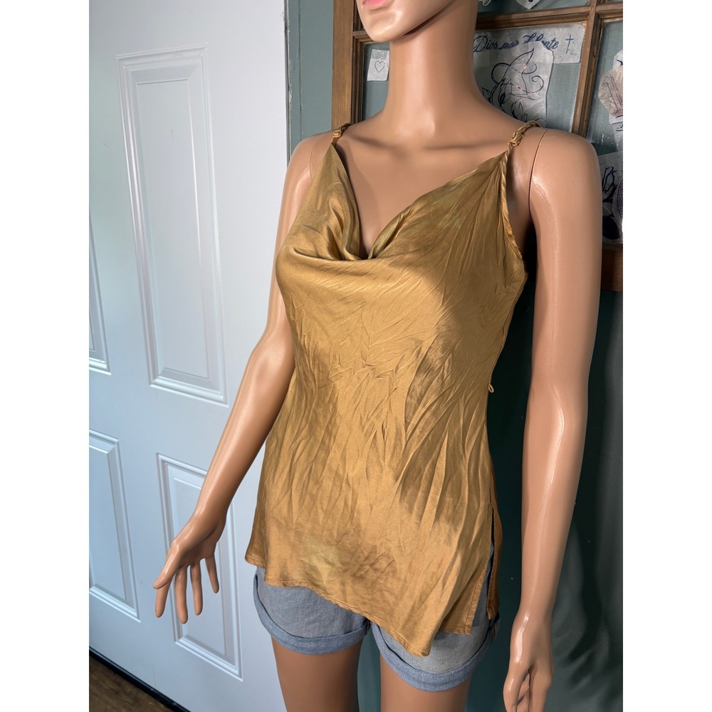 Guess Collection Gold Satin Cowl Neck Camisole Top Adjustable Straps Womens M